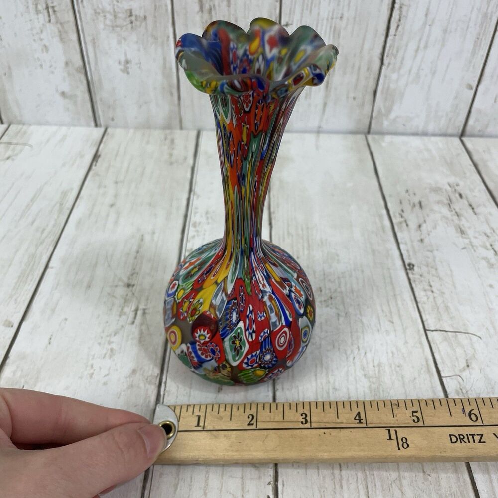 Vintage Fratelli Toso Murano Millefiori Murrine Cane Vase 6.75” - Picture 13 of 13